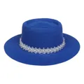 Eleganter leuchtblauer Damen-Strohhut im Boater-Stil mit weißer Spitze und Perlendekor - Einheitsgröße(56-58cm) / Perlen-Spitzenband (314K-Blau)