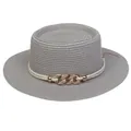 Elegant grey flat top boater hat with white rope trim and golden chain ornament - 56-58cm / Chain Buckle Decoration (320C) / Gray