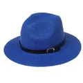 Chapeau Panama bleu roi en paille pour femme avec ruban noir et boucle métallique - 56-58cm / Bande de Cuir Noir Avec Boucle Argent / Bleu royal