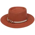 Deep brick red flat top straw hat with white cord and gold chain decorative band - 56-58cm / Chain Buckle Decoration (320D) / Caramel color