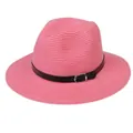 Chapeau Panama tissé rose pour femme avec bande en cuir noir et boucle métal - 56-58cm / Bande de Cuir Noir Avec Boucle Argent / Rose