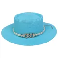 Peacock blue boater straw hat for women with elegant white rope and gold chain buckle - 56-58cm / Chain Buckle Decoration (320E) / Lake Blue
