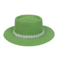 Flacher grüner Strohhut mit Spitzenblumenband und weißen Perlen für Damen - Einheitsgröße(56-58cm) / Perlen-Spitzenband (314S-Fruchtgrün)