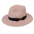 Chapeau Panama rose pour femme avec ruban gros-grain noir et décoration de nœud - 56-58cm / Nœud en Ruban Noir / 346-V Rose Nude