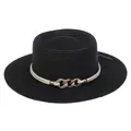 Women's black flat-top straw sun hat with white rope band and gold buckle accents - 56-58cm / Chain Buckle Decoration (320F) / Black