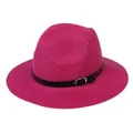 Chapeau Panama pour femme en rose vif avec bande en cuir noir et boucle argentée - 56-58cm / Bande de Cuir Noir Avec Boucle Argent / 347-K Rose Rouge