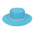 Damen Strohhut in Seeblau mit weißer Spitzenborte und eleganten Perlenverzierungen - Einheitsgröße(56-58cm) / Perlen-Spitzenband (314E-See-Blau)
