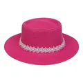 Eleganter rosapink Strohhut für Damen mit weißer Spitze und Perlenverzierungen - Einheitsgröße(56-58cm) / Perlen-Spitzenband (314L-Rosarot)
