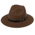 Chapeau de paille Panama marron foncé pour femme avec bandeau cuir noir et boucle argent - 56-58cm / Bande de Cuir Noir Avec Boucle Argent / 347-L Café