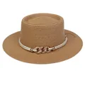 Brown wide-brim straw sun hat with white rope and gold chain decoration - 56-58cm / Chain Buckle Decoration (320H) / Khaki