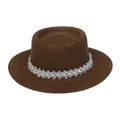Dunkelbrauner flacher Strohhut mit elegantem weißen Spitzenbesatz und Perlenakzenten - Einheitsgröße(56-58cm) / Perlen-Spitzenband (314Q-Braun)