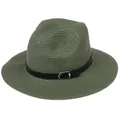 Chapeau Panama vert armée en paille tressée avec ruban en cuir noir à boucle - 56-58cm / Bande de Cuir Noir Avec Boucle Argent / 347-D Vert Armée