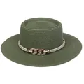 Deep green straw sun hat with wide brim, white rope band and gold chain buckle accent - 56-58cm / Chain Buckle Decoration (320I) / Green
