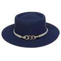 Navy blue flat top straw hat with white rope trim and golden chain ornament decoration - 56-58cm / Chain Buckle Decoration (320J) / Navy Blue