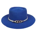 Blue straw sun hat with flat top, white rope band, and gold chain buckle detail - 56-58cm / Chain Buckle Style (320K) / Blue