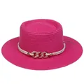 Summer wide brim straw hat in vibrant rose red with pearl and gold chain decoration - 56-58cm / Chain Buckle Style (320L) / Rose Red