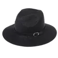 Chapeau Panama classique en paille noire pour femme avec ruban cuir et boucle - 56-58cm / Bande de Cuir Noir Avec Boucle Argent / 347-U Noir