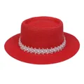 Eleganter roter Strohhut mit weißer Spitze und Perlenbesatz für Damen im Sommer - Einheitsgröße(56-58cm) / Perlen-Spitzenband (314M-Rot)