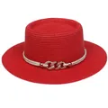 Women's bright red straw sun hat with white rope trim and gold chain buckle accent - 56-58cm / Chain Buckle Style (320M) / Red