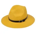 Chapeau Panama en paille jaune vif avec ruban en cuir noir et boucle argentée élégante - 56-58cm / Bande de Cuir Noir Avec Boucle Argent / 347-M Jaune