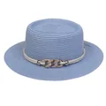 Light blue wide brim straw boater hat with rope band and gold rhinestone chain buckle - 56-58cm / Chain Buckle Style (320N) / Sky Blue