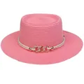 Pink flat top woven straw sun hat with white rope and golden metal chain decoration - 56-58cm / Chain Buckle Style (320O) / Dusty Pink
