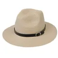 Chapeau Panama classique en paille beige avec ruban en similicuir noir et boucle argentée - 56-58cm / Bande de Cuir Noir Avec Boucle Argent / 347-i Beige