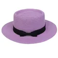 Eleganter lila Strohhut für Damen mit schwarzer Ripsbandschleife und flacher Krone - Einheitsgröße(56-58cm) / Schwarze Schleife Band (315B-Lila)
