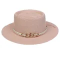 Women's light pink straw sun hat with pearl flower decor and golden chain link - 56-58cm / Chain Buckle Style (320P) / Light Pink