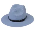 Chapeau Panama bleu clair pour femme avec bande en cuir noir et boucle argentée - 56-58cm / Bande de Cuir Noir Avec Boucle Argent / 347-P Bleu Ciel