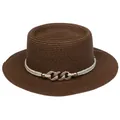 Dark brown straw sun hat with decorative white rope and gold chain link detail - 56-58cm / Chain Buckle Style (320Q) / Brown