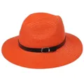 Chapeau Panama orange vif avec ruban en cuir noir et boucle sur fond blanc épuré - 56-58cm / Bande de Cuir Noir Avec Boucle Argent / 347-Q Orange