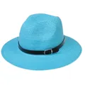 Chapeau Panama classique bleu ciel pour femme avec ruban en cuir noir et boucle argentée - 56-58cm / Bande de Cuir Noir Avec Boucle Argent / 347-T Bleu Lac
