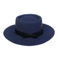 Dunkelblauer Strohhut in Boater-Form mit breiter Krempe und schwarzer Schleife - Einheitsgröße(56-58cm) / Schwarze Schleife Band (315J-Marineblau)