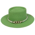 Grass green flat top boater straw hat with white rope band and gold metal chain links - 56-58cm / Chain Buckle Style (320S) / Fruit Green