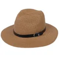 Chapeau Panama en paille marron classique avec ruban en cuir noir et boucle argentée - 56-58cm / Bande de Cuir Noir Avec Boucle Argent / 347-F Kaki