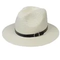 Chapeau Panama classique en paille crème avec ruban en cuir noir pour femme - 56-58cm / Bande de Cuir Noir Avec Boucle Argent / 376-R Blanc Cassé