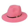 Chapeau Panama rose vif pour femme avec texture tissée et ceinture noire à boucle dorée - 56-58cm / Bande de Cuir Noir Avec Boucle Or / 342-A Rose