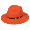 Chapeau Panama orange vif en paille tressée avec ruban noir et boucle dorée - 56-58cm / Bande de Cuir Noir Avec Boucle Or / 342-Q Orange