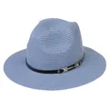 Chapeau Panama bleu ciel avec ruban en cuir noir et boucle dorée élégante - 56-58cm / Bande de Cuir Noir Avec Boucle Or / 342-P Bleu Ciel
