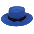 Eleganter königsblauer Strohhut mit schwarzem Schleifenband und breiter flacher Krempe - Einheitsgröße(56-58cm) / Schwarze Schleife Band (315K-Blau)