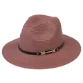 Chapeau Panama marron foncé avec bande en cuir noir et boucle en métal doré élégante - 56-58cm / Bande de Cuir Noir Avec Boucle Or / 342-O Rose Poudré