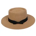 Klassischer Strohhut in Naturfarbe mit breitem schwarzem Band und großer Schleife - Einheitsgröße(56-58cm) / Schwarze Schleife Band (315H-Khaki)