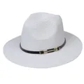 Chapeau Panama blanc en paille avec bande en cuir noir et boucle en métal doré chic - 56-58cm / Bande de Cuir Noir Avec Boucle Or / 342-G Blanc