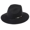 Chapeau Panama tissé noir classique avec ruban en cuir et boucle métallique dorée - 56-58cm / Bande de Cuir Noir Avec Boucle Or / 342-U Noir