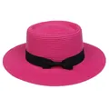 Damen Sommer-Strohhut in Magenta mit schwarzer Schleife und elegantem flachem Scheitel - Einheitsgröße(56-58cm) / Schwarze Schleife Band (315L-Rosarot)