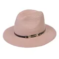 Chapeau Panama en paille rose pâle avec ruban en cuir noir et boucle dorée sur blanc - 56-58cm / Bande de Cuir Noir Avec Boucle Or / 342-V Rose Nude
