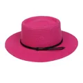 Hot pink boater straw hat for women with black decorative band and metal detail - 56-58cm / Fine Rope Knot Style (321L) / Rose Red