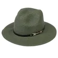 Chapeau Panama en paille vert foncé avec ruban noir et boucle métallique dorée chic - 56-58cm / Bande de Cuir Noir Avec Boucle Or / 342-D Vert Armée