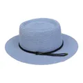 Sky blue flat top straw boater hat for women with black rope and metal buckle decor - 56-58cm / Fine Rope Knot Style (321N) / Sky Blue